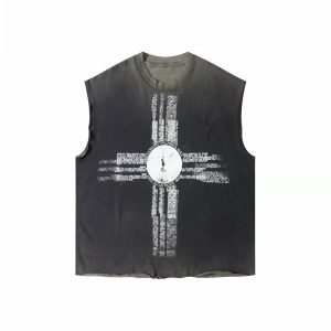 SMILEANDSAD Distressed Cross Graphic Sleeveless Tee